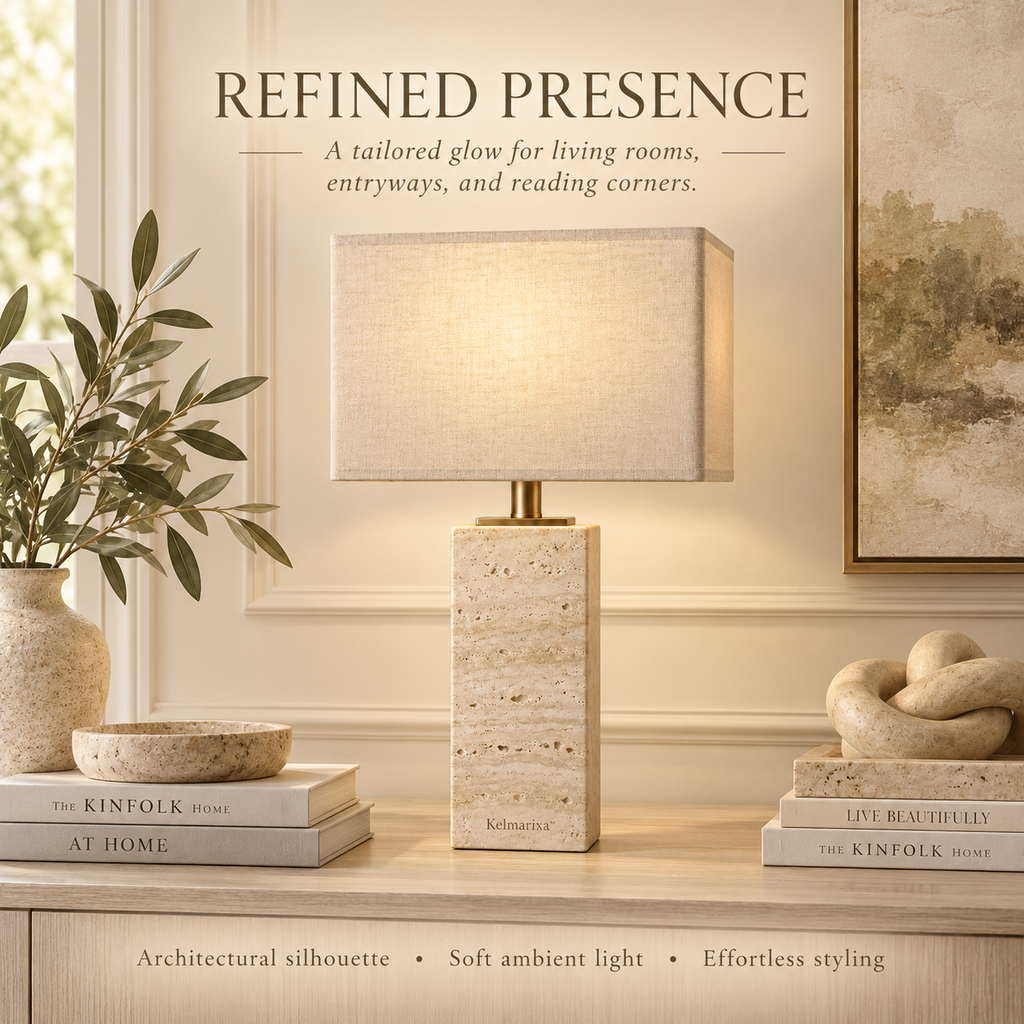 Kelmarixa™ Travertine Frame Linen Table Lamp