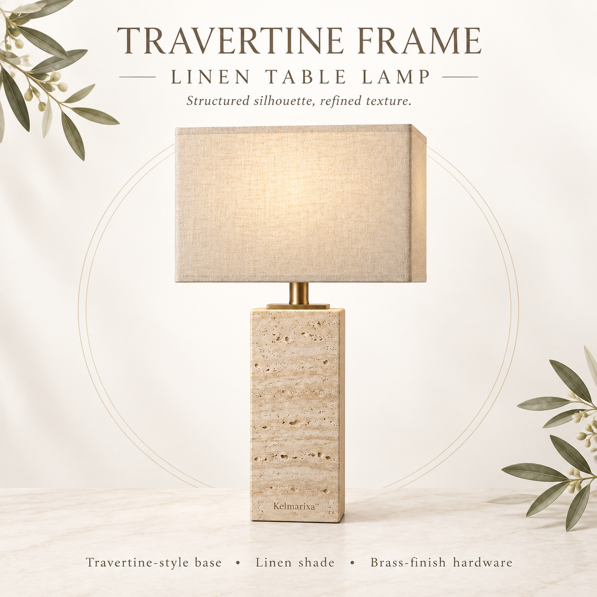 Kelmarixa™ Travertine Frame Linen Table Lamp