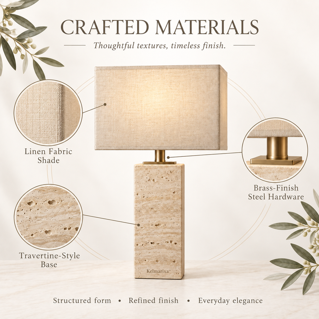 Kelmarixa™ Travertine Frame Linen Table Lamp