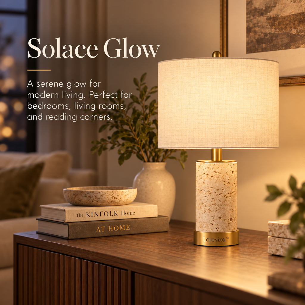 Kelmarixa™ Solace Travertine Drum Table Lamp